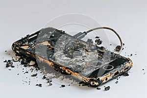 A broken cell phone lies abandoned on the ground, its screen shattered and buttons crushed, rendering it unusable