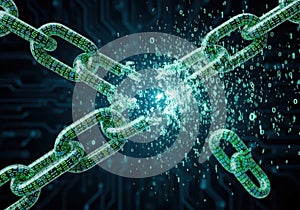 Of broken chain with binary code, symbolizing cybersecurity and data protection