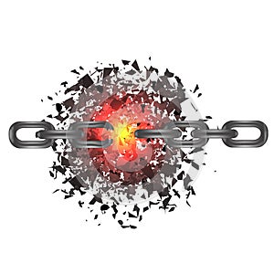 Broken Chain and Explosion on White Background. Freedom Concept