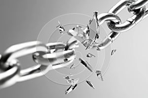 Broken chain symbolizing freedom, breaking free, and weakness,ruptured relationships or broken trust on white background