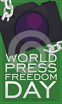 Broken Chains over Camera as Symbols for Press Freedom Day, Vector Illustration