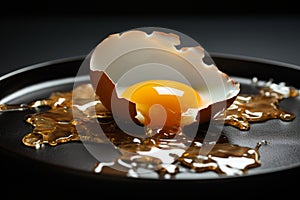 A broken chicken egg displayed on a somber black plate, raw vulnerability