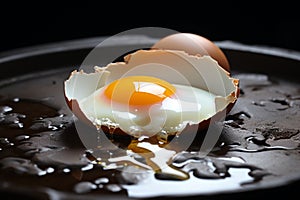 A broken chicken egg displayed on a somber black plate, raw vulnerability