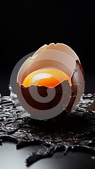A broken chicken egg displayed on a somber black plate, raw vulnerability