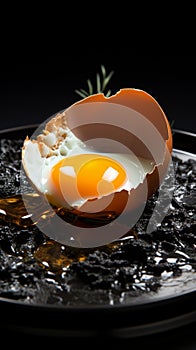 A broken chicken egg displayed on a somber black plate, raw vulnerability