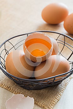 Broken chicken eggs in basket