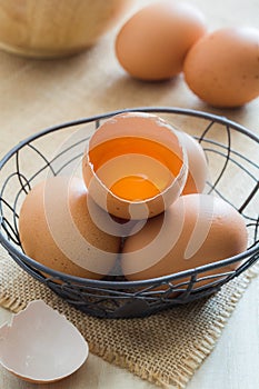 Broken chicken eggs in basket