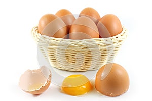 Broken chicken eggs and eggs in the basket