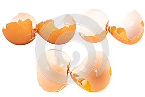 Broken chicken eggshell on white background
