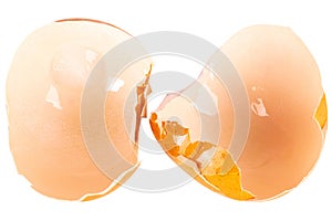 Broken chicken eggshell on white background