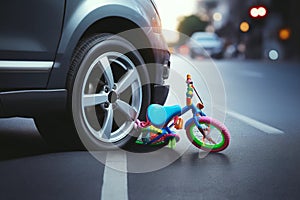 A broken child\'s bicycle under the wheels of a car, an accident