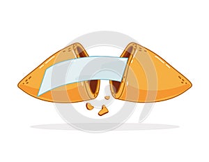 A broken Chinese fortune cookie on a white background. A piece of paper inside a cookie. Vector illustration
