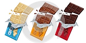Broken Chocolate Bar. Milk, White and Dark chocolate. Sweetened block made from roasted and ground cacao seeds. Chocolate Package