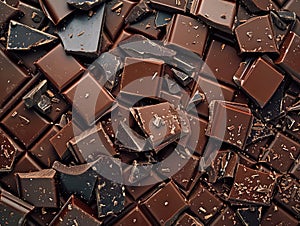 Broken Chocolate Bars Texture Background, Broken Chocolate Mix Top View, Many Chocolate Pieces