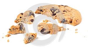 broken chocolate chip cookies isolated on white background. Sweet biscuits. Homemade pastry.