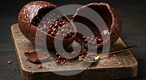 Broken chocolate easter egg filled with chocolate balls