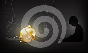 Broken Christmas golden ball. Human hands clean up a broken toy. Conceptual vector illustration of the fragility of the