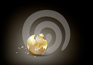 Broken Christmas golden ball with world map on it and fragments on dark backgroung with light. Conceptual vector