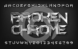 Broken Chrome alphabet font. Metal effect beveled letters and numbers. photo