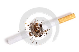 Broken cigarette isolated on white, quit smoking concept