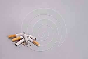 broken cigarettes with scattered tobacco, quit smoking concept