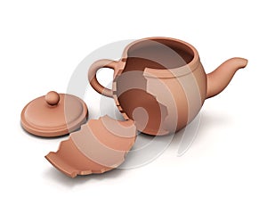 Broken clay teapot on white background. 3d rendering