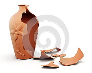 Broken clay vase on white background. 3d render image