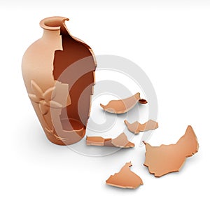 Broken clay vase on white background. 3d rendering