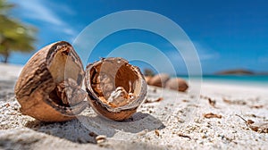 Broken Coconut Shells on Tropical Beach