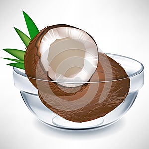 Broken coconut and whole coconut in bowl