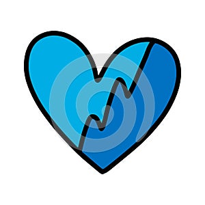 Broken cold heart blue hand drawn vector illustration in cartoon comic style