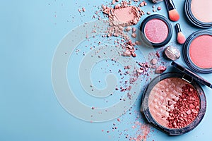 A broken colored make up palette, powder blush and powder