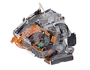 Broken compact digital camera spare parts isolated on white