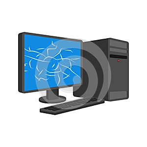 Broken Computer cracked screen PC isolated. data processor Vector illustration