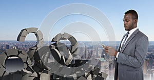 Broken concrete stone with Question symbol and businessman in cityscape