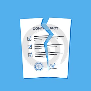 Broken contract or breach of agreement. Expired legal signed document, deal termination, cancellation or end of partnership, torn