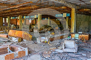 Broken convenience store inside of Pripyat town in the Ukraine