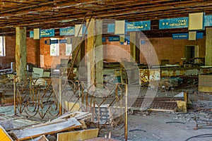 Broken convenience store inside of Pripyat town in the Ukraine