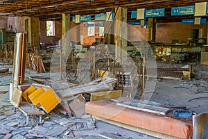 Broken convenience store inside of Pripyat town in the Ukraine