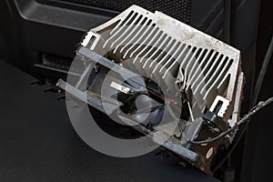 Broken cooler of computer cooling system with aluminum radiator.