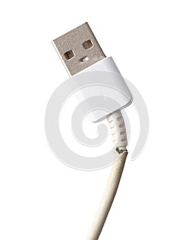 Broken cord on USB plug isolated on white background. Macro