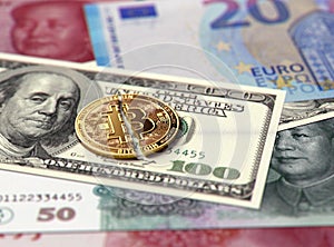 Broken or cracked Bitcoin coin on banknotes. Bitcoin price crash concept. 3D Rendering