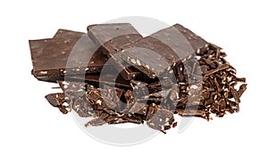 Broken craked chocolate parts isolated on white