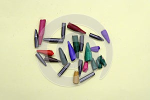 Broken crayon tips. Broken crayons. Crushed crayons.