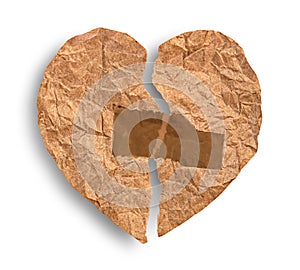 Broken crumpled paper heart coupled with tape