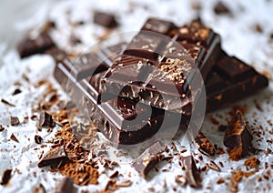 Broken dark chocolate bars and cocoa powder on white background