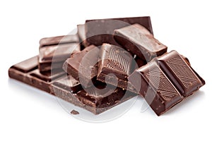 Broken dark chocolate isolated on white background