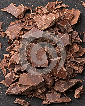Broken dark chocolate pieces on a black background