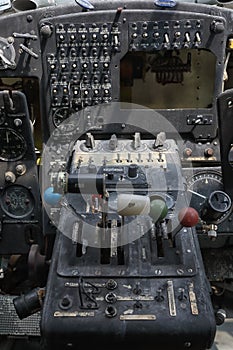 Broken dashboard of an abandoned old propeller plane