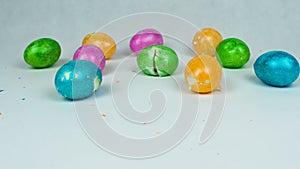Broken Decorated eggs during Christian festival Pascha or Resurrection Sunday after Traditional Easter game egg jarping